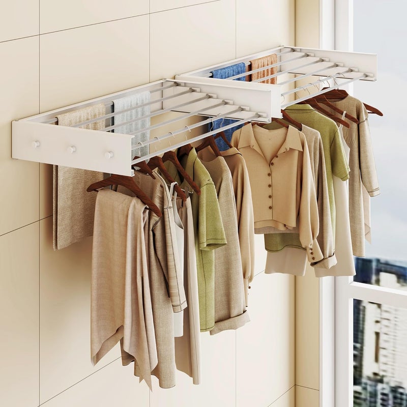 LIENAHU Upgrade Drying Rack Clothing,Clothes Drying Rack Wall Mounted,Laundry Drying Rack Wall Mount,Foldable,Collapsible,Retractable,6 Aluminium Poles,with Hooks,(White 35.5" - Image 2